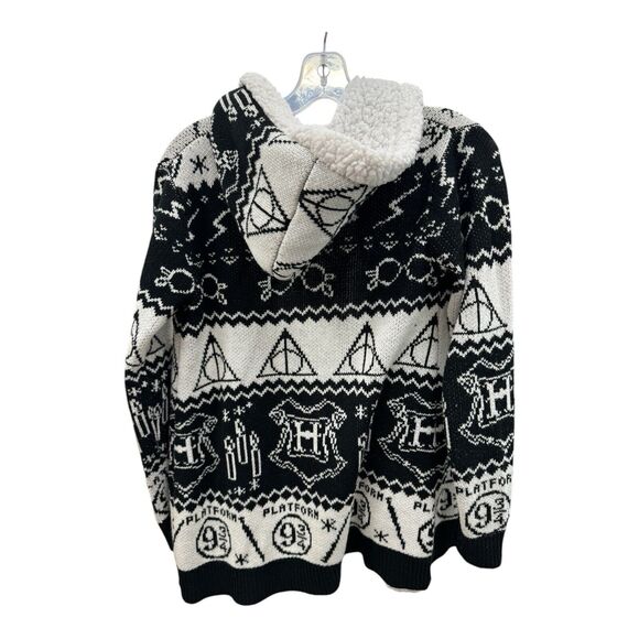 Harry Potter Horcrux Fair Isle Sherpa Open Front Cardigan Hooded Black Hallows S - Picture 2 of 5